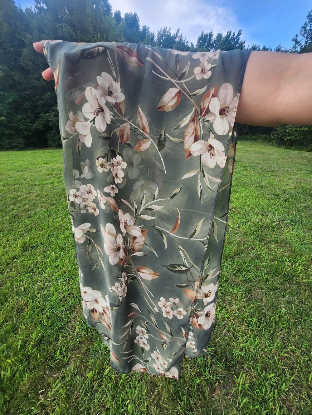 "Magnolia Molly" Floral Sheer Scarf in Olive Green and Cream